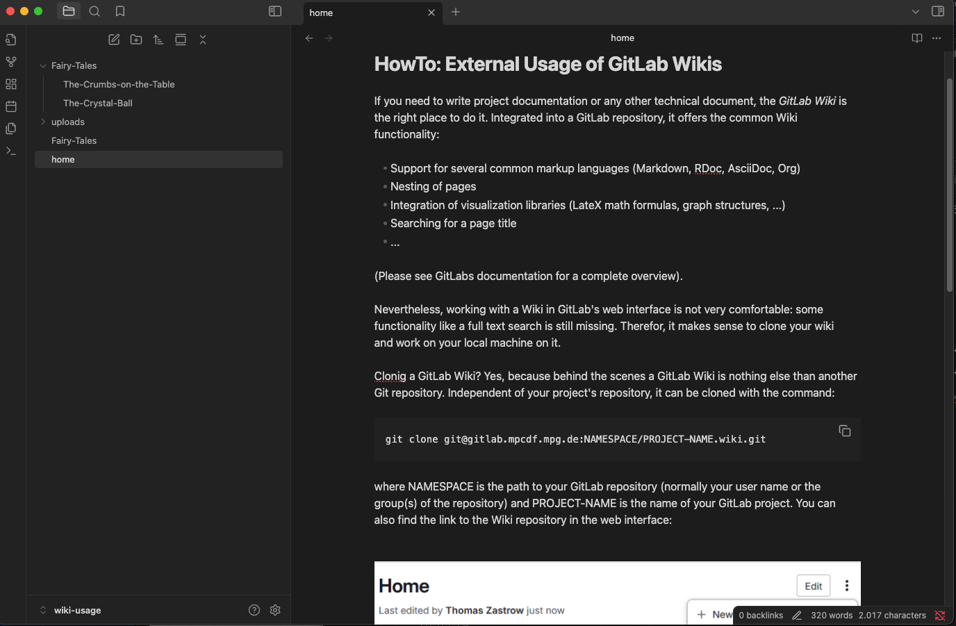 Working with the cloned Wiki in the Obsidian note-taking app