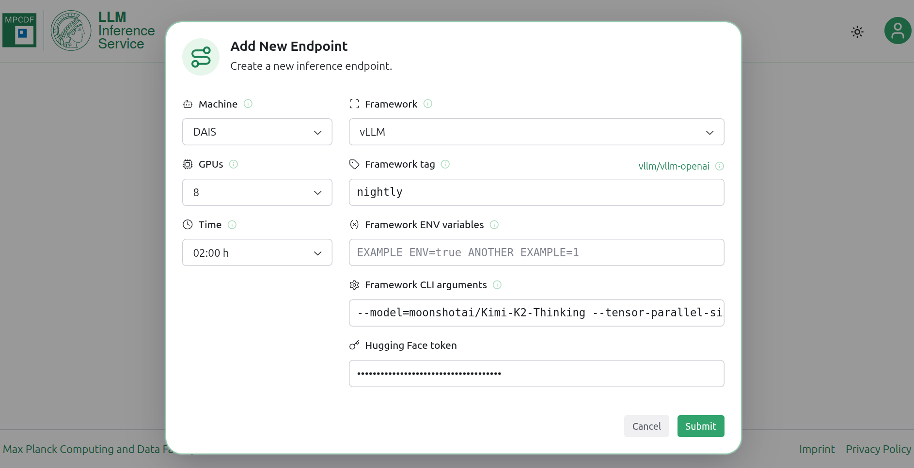 Screenshot of the "Add endpoint" dialog in the LLMIS